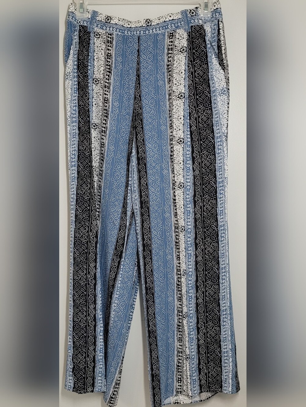 Solitare Striped Blue & Black Wide-Leg Women's Pants With Pockets XL
